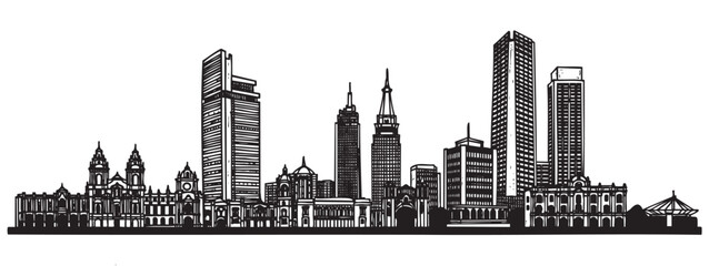 Fototapeta premium Black outline drawing of an urban skyline featuring a variety of skyscrapers and buildings in a linear arrangement, emphasizing architectural diversity.