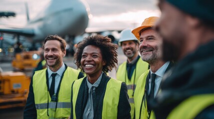 A diverse group of airport workers standing joyfully near an aircraft, illuminated by the bright daylight. They radiate a sense of camaraderie