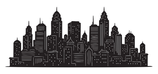 Naklejka premium Black silhouette of a city skyline with tall buildings and skyscrapers of varying architectural styles.