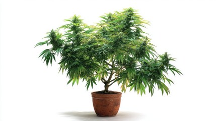 A healthy cannabis plant in a brown pot