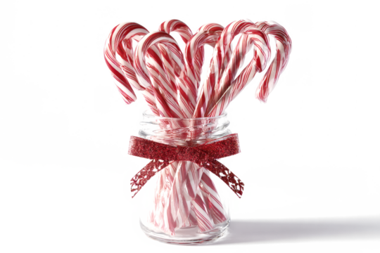 Festive candy canes in a glass jar with a red ribbon holiday treat for Christmas and winter celebrations isolated on white