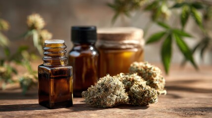 Still life with cannabis oil bottles, a jar, and buds displayed on a wooden surface 