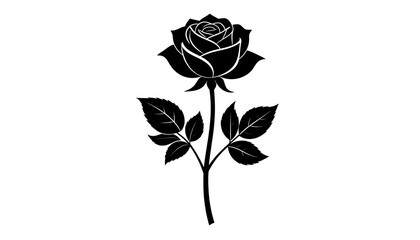 A stylized, black and white illustration showcasing a fully bloomed rose with detailed petals, stem, and leaves against a white background