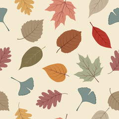 Seamless autumn leaf pattern in muted fall colors,