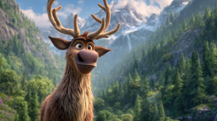 An animated cartoon reindeer standing tall, with a playful expression. In the background, there's a majestic mountain landscape, creating a whimsical and enchanting scene
