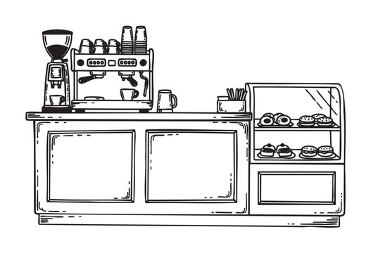 Black and white detailed line drawing of a coffee shop counter featuring an espresso machine and a display case with assorted pastries.