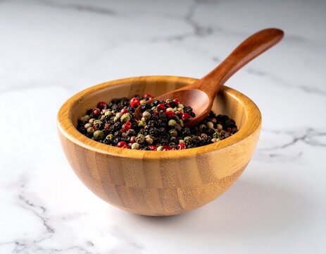 Wooden bowl of mixed peppercorns