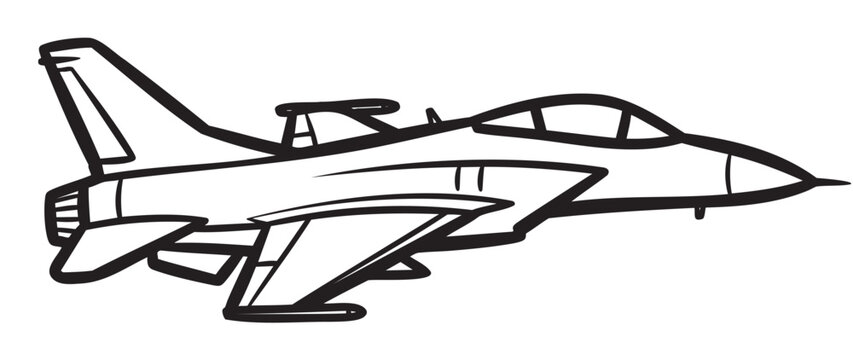 Black outline drawing of a jet fighter plane with detailed wings and cockpit, highlighting sleek and aerodynamic design.