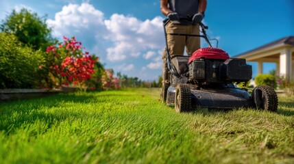 A person mowing the grass in a well-maintained yard, showcasing a lush landscape on a sunny day. The lawnmower neatly trims the green blades under a bright blue sky.