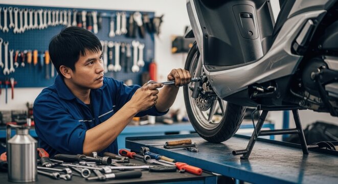 Thai motorcycle repair action in workshop urban environment close-up view