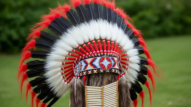 Native American Headdress on Green Background