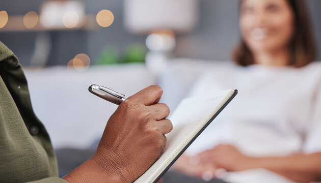 Compassionate therapist taking notes during a counseling session provides support and guidance for mental wellness and emotional healing