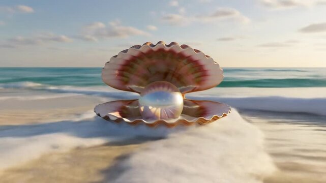 Pearl in open seashell on beach