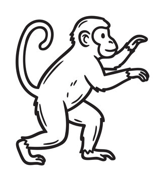 Black outline of a playful monkey standing on hind legs with curled tail and extended arms, depicted in a minimalist cartoon style.