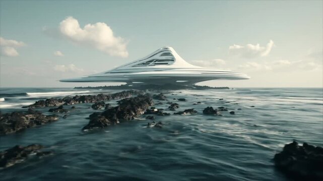 Futuristic Architecture on Rocky Coastline with Ocean Waves and Cloudscape Scenery