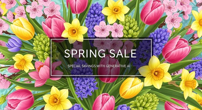 Vibrant spring flowers form a colorful bouquet, showcasing a spring sale banner with a generative AI touch.
