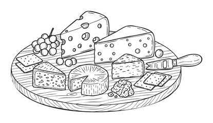 Fototapeta premium Black and white outline illustration of assorted cheese varieties with grapes and crackers on a round wooden board.
