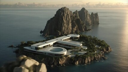 Luxurious Island Mansion: A breathtaking aerial view of a modern villa on a secluded island