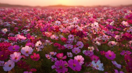A field of colorful cosmos flowers bathed in the warm light of the setting sun, creating a vibrant and serene scene. The flowers are in full bloom