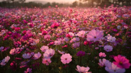 A breathtaking panorama of a field filled with delicate pink and purple cosmos flowers. Sunlight bathes the landscape in a warm, inviting glow, creating a stunning visual display