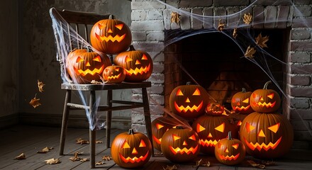 Spooky Halloween pumpkins illuminated in front of a fireplace with cobwebs and fallen leaves