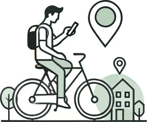 Man on bicycle with backpack using smartphone near house and map pin
