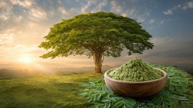 A moringa tree with leaves, herbs in a wooden bowl in field. Moringa tree, herb leaves, field