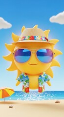 Cute Sun Character Enjoying a Tropical Beach Vacation