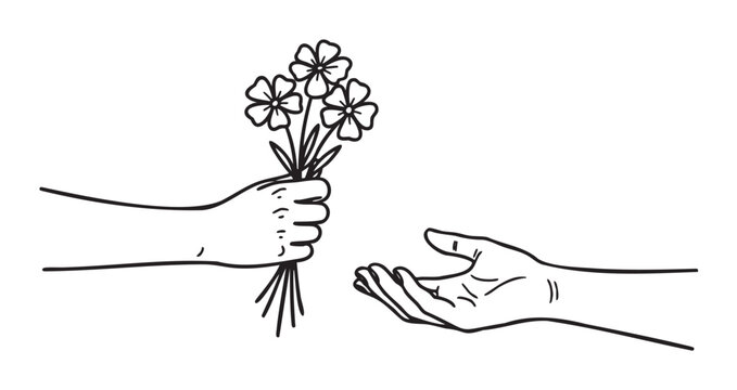 Black and white line drawing of a hand offering a bouquet of flowers to another outstretched hand. symbolic representation of giving and receiving.