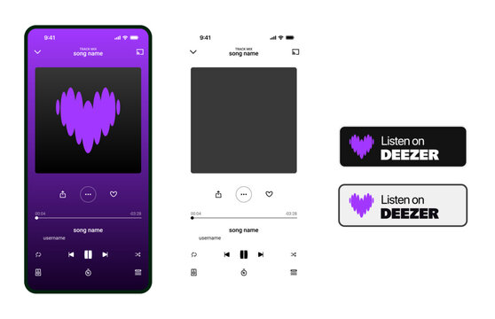 Deezer App Music Player UI Mockup Template

Deezer mobile interface and Deezer listening screen on smartphone &ndash; modern purple design for music streaming app UI