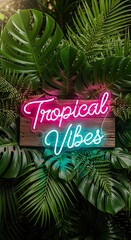 A vibrant neon sign displaying "Tropical Vibes" is surrounded by lush tropical foliage, creating a visually appealing and inviting scene.