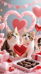 cute cats enjoying Valentine's Day hearts and chocolates pastel romantic atmosphere composition 9_16 vertical high detail