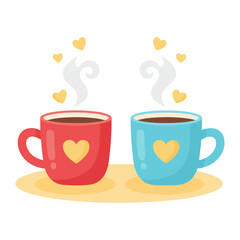 Two cute steaming coffee mugs, one red and one blue, with hearts symbolizing love and a shared moment.