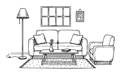 Black and white sketch of a cozy living room setup featuring a sofa with cushions, an armchair, a coffee table with a vase, and a tall floor lamp.