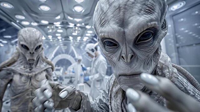 Close up of a grey alien's face looking into the camera while scientists in protective suits conduct experiments in a high tech, futuristic research facility on a captured extraterrestrial