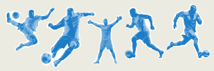 Halftone grunge soccer player silhouette design elements for sports design and poster art