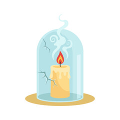 Burning candle trapped under a cracked glass dome, emitting smoke.