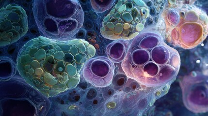 Close-up of vibrant cells under a microscope, highlighting scientific study and medical research. The image features a colorful and detailed view of cellular structures, offering insight into biology.