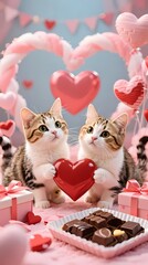 cute cats enjoying Valentine's Day hearts and chocolates pastel romantic atmosphere composition 9_16 vertical high detail