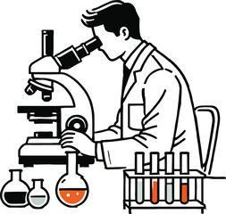 Scientist looking through microscope with beakers and test tubes