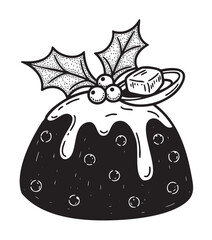 Black and white drawing of a traditional christmas pudding topped with holly leaves, berries, and a butter pat. perfect for festive holiday themes.