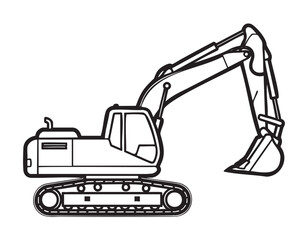Naklejka premium Black outline illustration of an excavator with a large articulated arm and bucket for construction purposes.