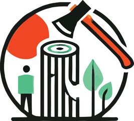 Stylized lumberjack scene with axe tree stump and person