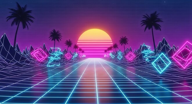 A vibrant, digital landscape unfolds, showcasing a retro-futuristic road, highlighted by neon colors and geometric shapes, with a stylized sunset backdrop.