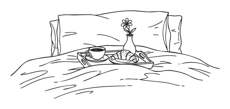 breakfast in bed black and white sketch clip art preview