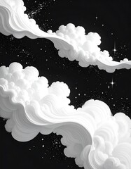 A striking monochrome artwork depicts voluminous, swirling clouds against a starlit background. These fluffy formations contrast with a dark expanse