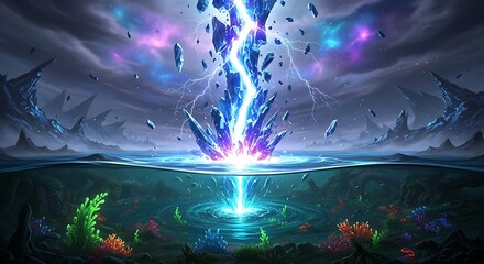 Obraz premium Underwater Lightning Strike - A Surreal Aquatic Phenomenon with Vibrant Colors.