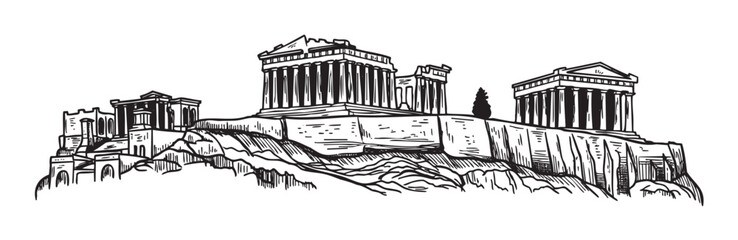 Black and white line drawing of the acropolis in athens, highlighting the ancient architectural structures on a rocky hilltop.