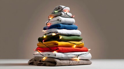 A stack of clothes is piled on top of each other, with a Christmas tree made out of the clothes. Scene is festive and cheerful, as the clothes are decorated with lights