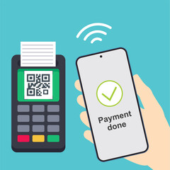 Smartphone payment terminal, machine contactless payment concept scanning qr code